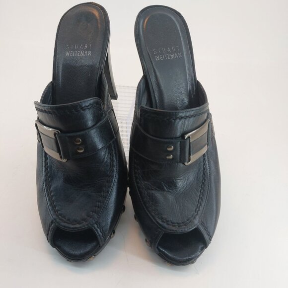 Stuart Weitzman Open Toe Black Leather Clogs - Picture 2 of 9
